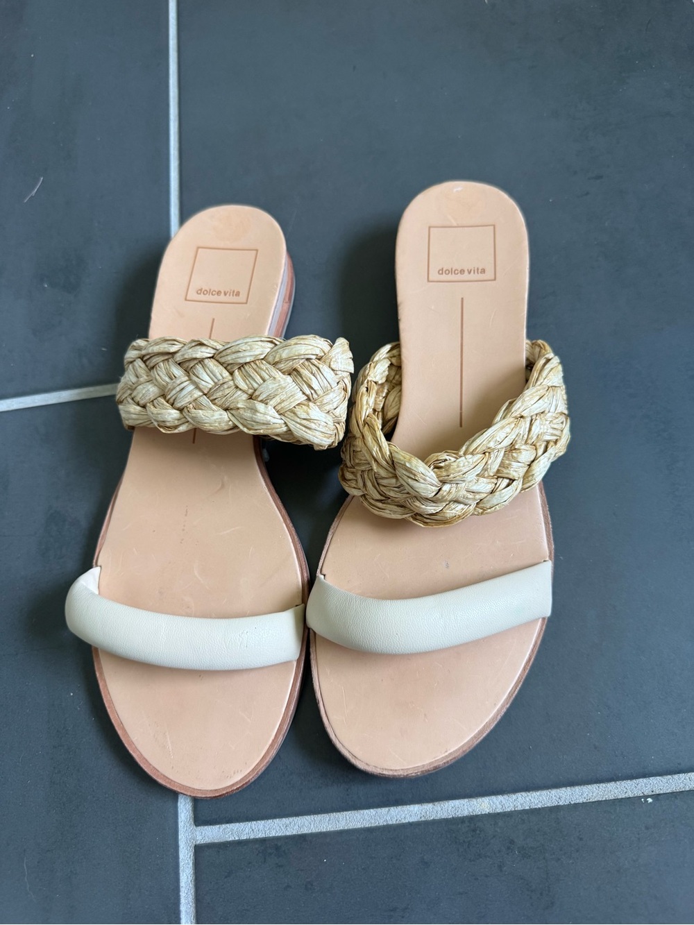 Dolce Vita Braided Straw and Cream Two-Band Slide Sandals